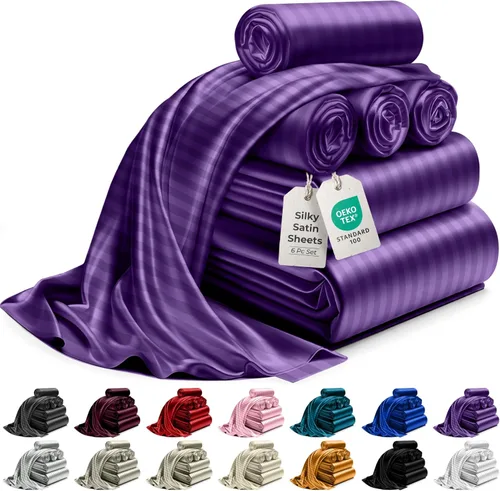 Miniatura 15 de DECOLURE Sábanas de satén para cama - Juego de 6 piezas de ropa de cama de lujo sedosa tamaño King - Más suave que la seda, sin arrugas con sábana
