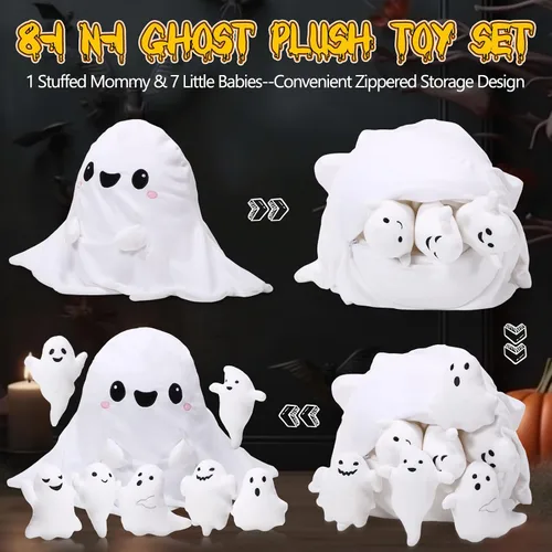 Miniatura 4 de Liliful Juego de juguetes de peluche fantasma de 16 pulgadas, almohada de peluche fantasma para mamá con 7 lindos bebés de felpa suaves
