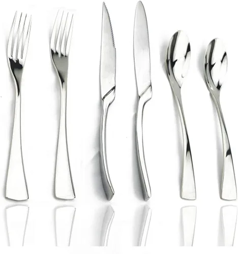 JASHII Juego de cubiertos plateados de 24 piezas, juego de vajilla de acero inoxidable 18/10 para 4, incluye cuchillo, tenedor/cuchara, pulido con