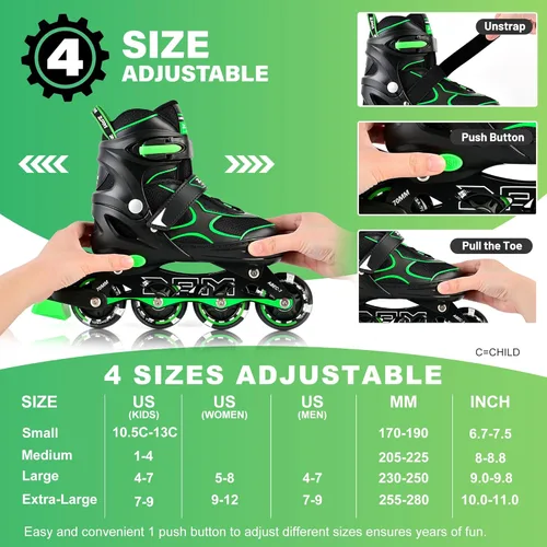 Miniatura 5 de 2PM SPORTS Patines en línea para niños y niñas, niños de 5 a 8 a 12 años, 4 a 6, 6 a 12 años, con ruedas iluminadas, cuchillas ajustables para Verde
