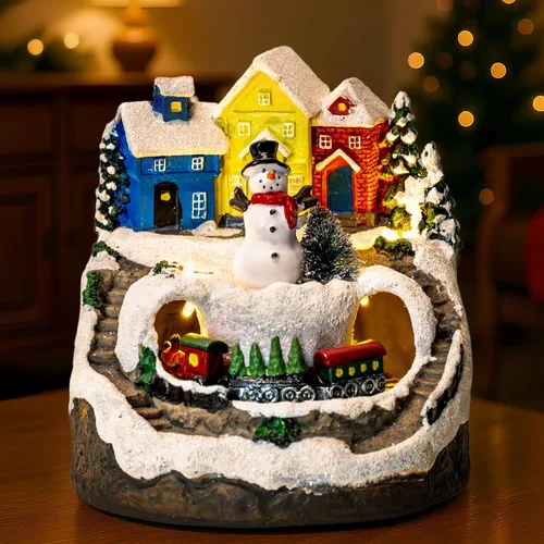 Miniatura 7 de ZQQLITE Casas de Pueblo Navideño de Muñeco de Nieve Musical Animado con Tren Giratorio, Figuras de Colección de Pueblo Navideño Iluminadas