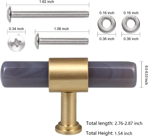 Miniatura 2 de Rockcloud Juego de 2 pomos de barra en T de ágata con tornillos, perillas cilíndricas para cajones, manijas para armario, armario, armario, Gris
