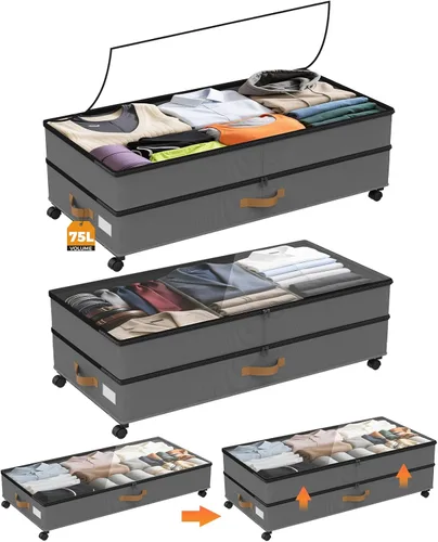 Miniatura 11 de Almacenamiento Debajo de la Cama con Ruedas Paquete de 4, 75L XXL Contenedores de Almacenamiento Debajo de la Cama Grandes, 30 cm de Alto negro