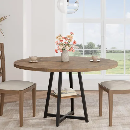 Garvee Mesa de comedor redonda de 47.2 pulgadas para 4-6 personas, mesa de cocina redonda industrial con base de pedestal de metal resistente y