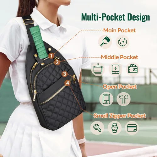 Miniatura 4 de NiHome Bolsa de pickleball para 2 paletas, mochila cruzada de pickleball para mujeres y hombres, correa ajustable, color negro, Negro (actualizado)
