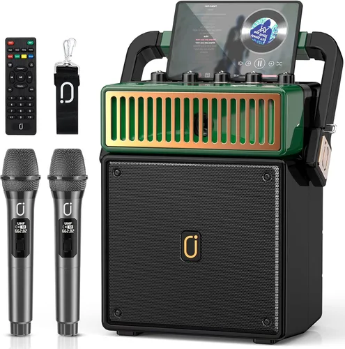 JYX Sistema de altavoces PA Bluetooth con 2 micrófonos inalámbricos, máquina de karaoke retro de 60 W con luces LED, soporta grabación, entrada