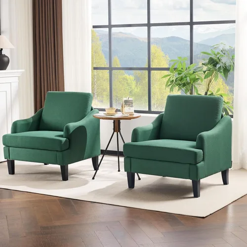Miniatura 8 de VINGLI Juego de 2 sillas decorativas de tela de lino, sillón tapizado moderno verde, cómodo sofá, sala de estar, dormitorio, muebles para apartamento