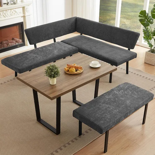 Miniatura 13 de HIPIHOM Moderno banco de comedor en forma de L, sofá esquinero tapizado de tela de 67 pulgadas con patas de metal para rincón de cocina, sala