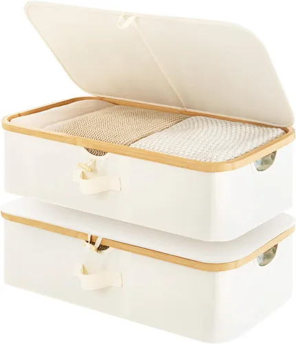 StorageWorks Paquete de 2 Cajas de Almacenamiento Debajo de la Cama con Marco de Bambú, Contenedor Debajo de la Cama con Tapa Abatible de 42L para