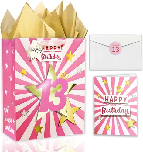Bolsa de regalo de cumpleaños número 13 con papel de seda, bolsa de regalo rosa de 13 pulgadas con tarjeta para niña de 13 años