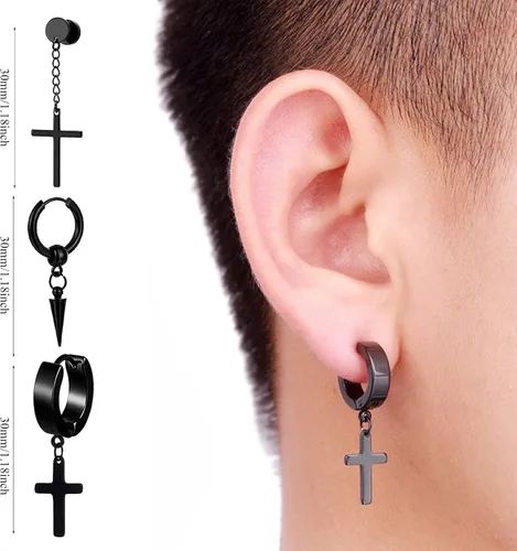 Miniatura 2 de Juego de 12 pares de aretes de acero inoxidable negros para hombre, aretes de aro punk, aretes negros para mujer, juego de aretes colgantes AMind4U