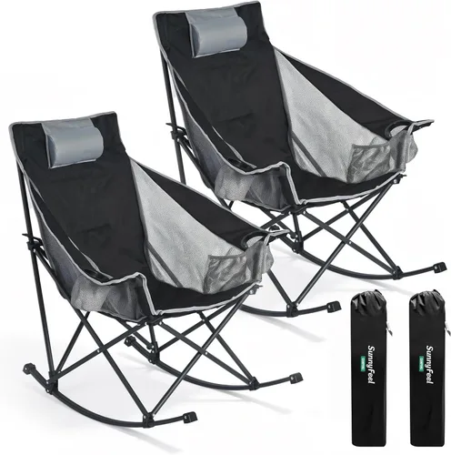 Miniatura 11 de SUNNYFEEL Silla Mecedora de Camping de Gran Tamaño, Silla de Patio Totalmente Acolchada con Bolsillo Lateral, Sillón Reclinable Portátil de Respaldo