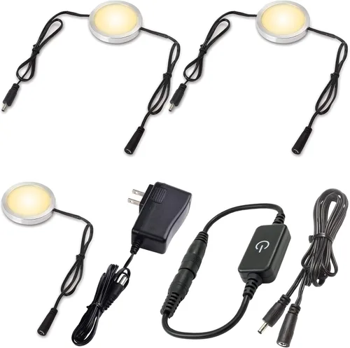 Miniatura 10 de Iluminación debajo del gabinete, kit de luces LED regulables táctiles con adaptador de corriente de 120 V a 12 V CC, lámparas enlazables para luz