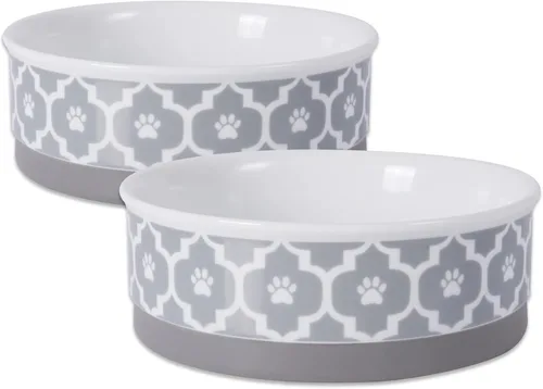 Taza para mascotas Bone Dry con diseño de pata en cerámica, colección Lattice, juego mediano, 6x2 pulgadas, gris, 2 unidades