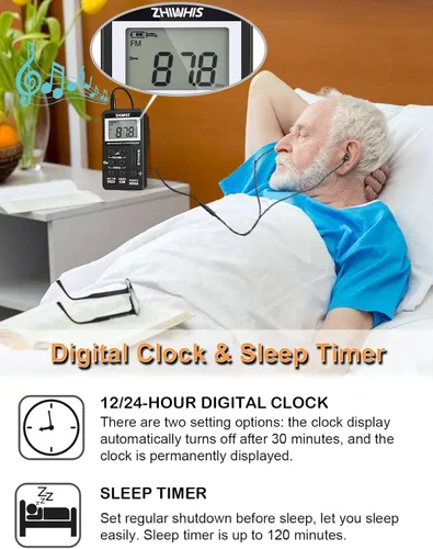 Miniatura 6 de ZHIWHIS Radio portátil, receptor AM FM con temporizador de sueño, radios estéreo recargables con reloj digital, sintonizador DSP con función