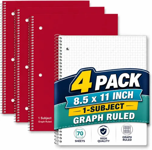 1InTheOffice Cuaderno de espiral de papel cuadriculado de 8.5 x 11, cuaderno a rayas gráficas de 5 cuadrados por pulgada, rojo, 70 hojas, 8 x 10.5