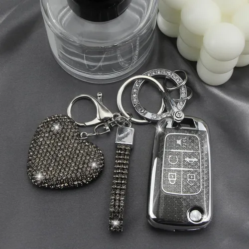 Miniatura 4 de Funda para llavero con llavero de diamante para mujer, portallaves de automóvil compatible con Chevy Cruze Camaro Malibu Equinox Impala GMC Buick