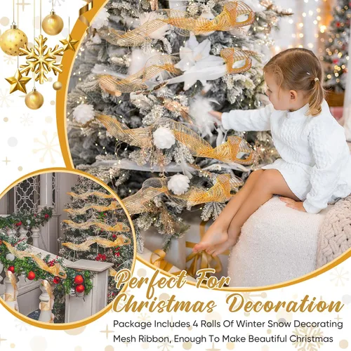 Miniatura 4 de Funtery 4 Rollos de 40 Yardas de Cinta de Malla Decorativa de Navidad, Cinta de Malla Decorativa con Tallo de Chenilla y Abrazaderas de Plástico