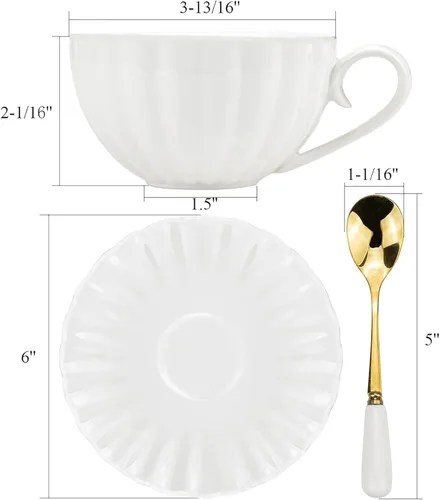 Miniatura 3 de Yesland Juego de 6 tazas y platillos de té real, juego de té de porcelana blanca de 6 onzas y tazas de café británicas, tazas de café con leche