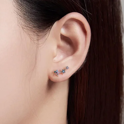Miniatura 2 de Aretes de plata de ley 925 con estrellas, coloridos aretes de circonita cúbica, hipoalergénicos, para niñas y mujeres, en caja de regalo, Plata
