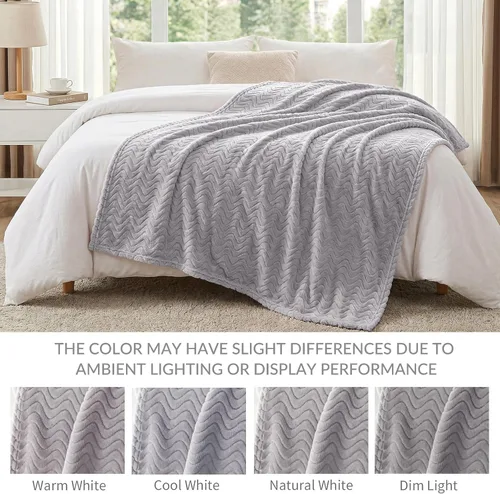 Miniatura 5 de Exclusivo Mezcla Manta King para cama, acogedora manta ligera de vellón con textura ondulada decorativa adecuada para invierno, gris claro, 90 x 104
