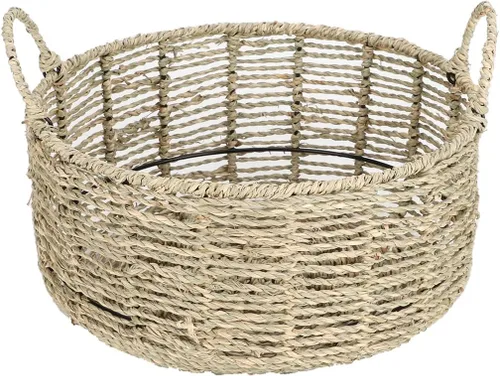 Cesta redonda de almacenamiento de hierba marina con asas, cesta de mimbre tejida a mano (12.01 pulgadas de profundidad x 5.51 pulgadas de alto)
