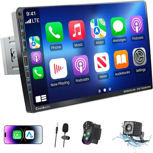 Estéreo de auto DIN único de 9 pulgadas con Apple CarPlay inalámbrico y Android Auto, radio de coche UHD IPS pantalla táctil, cámara trasera 1080P,