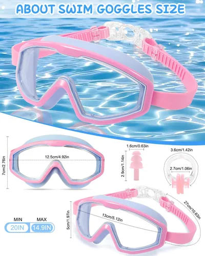 Miniatura 2 de Gafas de natación para niños, gafas de natación de marco grande, visión amplia, antivaho e impermeables para niños y niñas Rosa