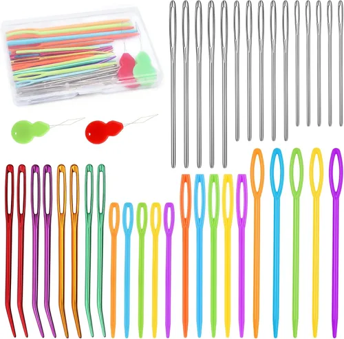 Miniatura 10 de 150 piezas de agujas de coser de ojo grande de plástico, agujas de ojo grande sin punta, agujas curvas para tapicería, agujas de hilo para 150