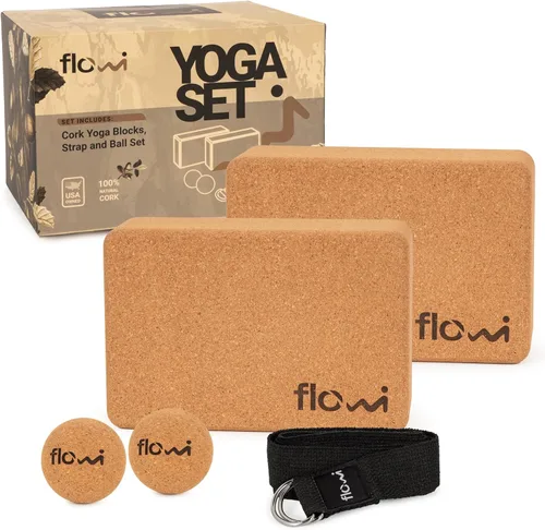 Bloques de yoga de corcho natural, paquete de 2 con correa y bolas de masaje, accesorios de yoga premium para mujeres y hombres