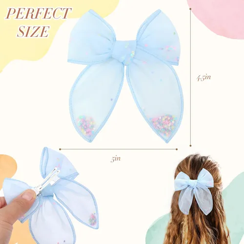 Miniatura 6 de 6 piezas de lazos de tul para el pelo de niñas, lazos para bebés de CN con estrella brillante y pinza de cocodrilo, pasadores de pelo coloridos
