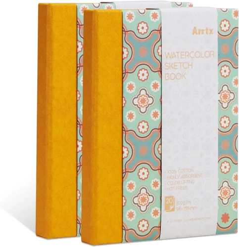Miniatura 8 de Arrtx - Paquete de 2 cuadernos de bocetos de acuarela, 5.35 x 3.86, 140 libras, 300 GSM, papel 100% algodón, prensa en caliente, 40 hojas, diario