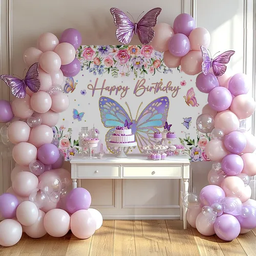 Miniatura 2 de Mocsicka Cartel de cumpleaños de mariposa para niñas y mujeres, decoración de fiesta de cumpleaños, pancarta morada con diseño de mariposa feliz