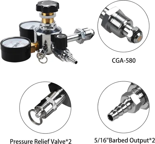Miniatura 3 de PERA Regulador de nitrógeno de doble calibre CGA580 Regulador de cerveza de aire de gas con presión de entrega de 0-100 PSI Premium, línea de gas