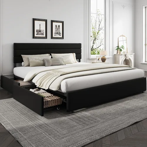 Miniatura 12 de WLIVE Base de cama tapizada tamaño Queen con 4 cajones de almacenamiento y cabecero, marco de cama de plataforma de terciopelo, soporte de listones