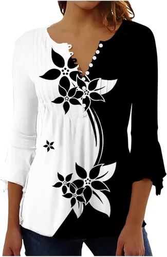 Miniatura 26 de Ceboyel Blusa tipo túnica con estampado floral para mujer, con botones, estilo Henley, con manga de codo, casual, trajes de moda para mujer