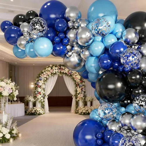 Miniatura 4 de Kit de arco de globos, 146 globos negros, azules, plateados, blancos, de 18, 12, 10, 5 pulgadas, globos de diferentes tamaños para cumpleaños