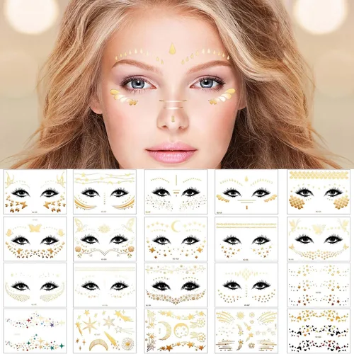 Zonon 20 hojas de pecas con purpurina dorada, parches de maquillaje para la cara, parches metálicos para tatuajes de cara, calcomanías de