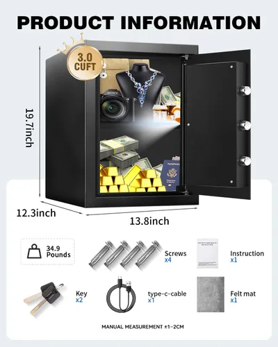 Miniatura 2 de Caja Fuerte Grande para Oficina en Casa con Alimentación USB-C, Alarma y Cerradura Digital - Gabinete Caja Fuerte de Seguridad de 3.0 Pies Cúbicos
