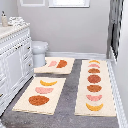 Pauwer Juego de baño bohemio, 3 alfombrillas de microfibra antideslizantes, alfombras absorbentes para ducha e inodoro, pasillo de baño bohemio