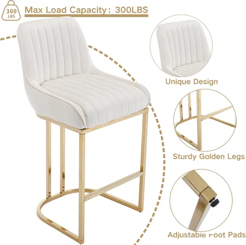 Miniatura 4 de Shunzhi Juego de 2 taburetes de bar de terciopelo beige de 26 pulgadas, modernos taburetes de mostrador con respaldo/patas doradas, sillas de bar