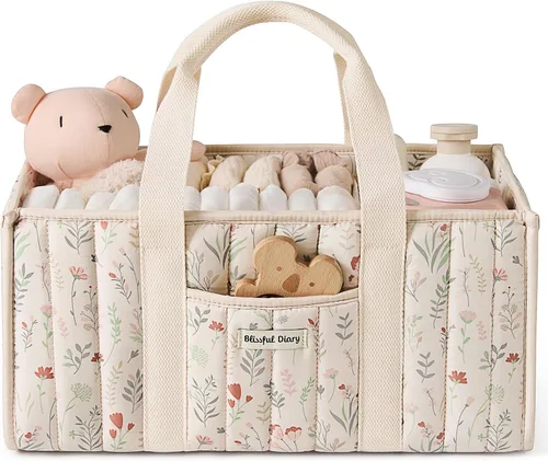 Organizador de pañales floral de Blissful Diary, elegante cesta de almacenamiento para guardería, regalo para baby shower, artículos esenciales para