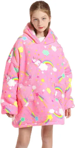 Miniatura 10 de JAMBHALA Manta de gran tamaño con capucha para niños, sudadera con capucha de franela cálida y esponjosa con bolsillos para niños y adolescentes
