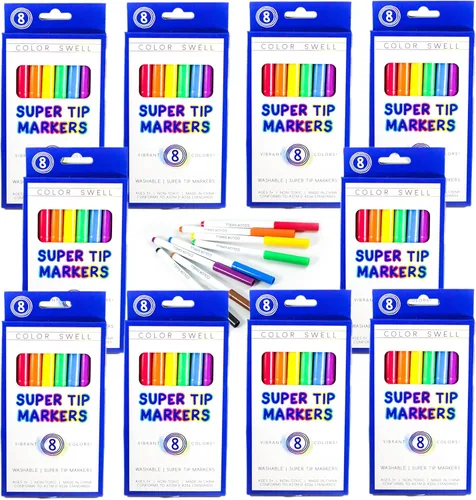 Color Swell Super Tip - Paquete de 10 cajas de 8 colores vibrantes lavables (80 en total)