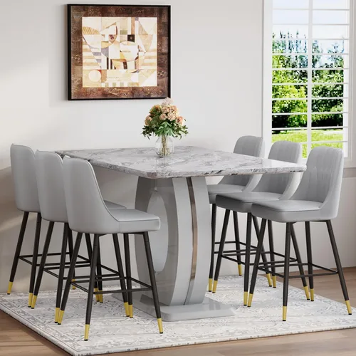 Miniatura 8 de Juego de mesa de comedor de mármol de 63 pulgadas para 6, moderno juego de mesa de comedor de altura de mostrador, mesa alta gris con taburetes