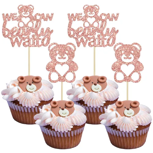 Miniatura 8 de Gyufise 24 piezas de decoración para cupcakes con texto en inglés «We Can Bearly Wait» («We Can Bearly Wait») para cupcakes con purpurina marrón