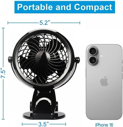 Miniatura 11 de Gazeled Ventilador de clip a batería, rotación de 360°, con 8 pilas AA gratis, ventilador silencioso USB o a batería, ventilador de clip portátil