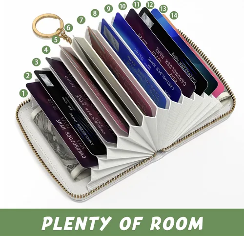 Miniatura 3 de Tarjetero de crédito para mujer, pequeña cartera RFID delgada de cuero organizador de tarjetas de visita con cremallera y llavero, color blanco