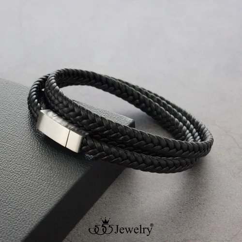 Miniatura 5 de 555Jewelry Pulsera de cierre magnético de cordón de cuero trenzado de acero inoxidable, Metal