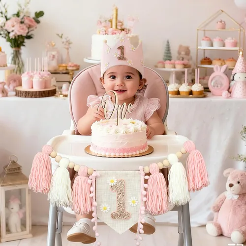 Miniatura 2 de Banner de Silla Alta con Margaritas Bohemias Primer Cumpleaños Niña Para Decoraciones de Primera Fiesta Conjunto Con Adorno de Pastel Hecho a Mano